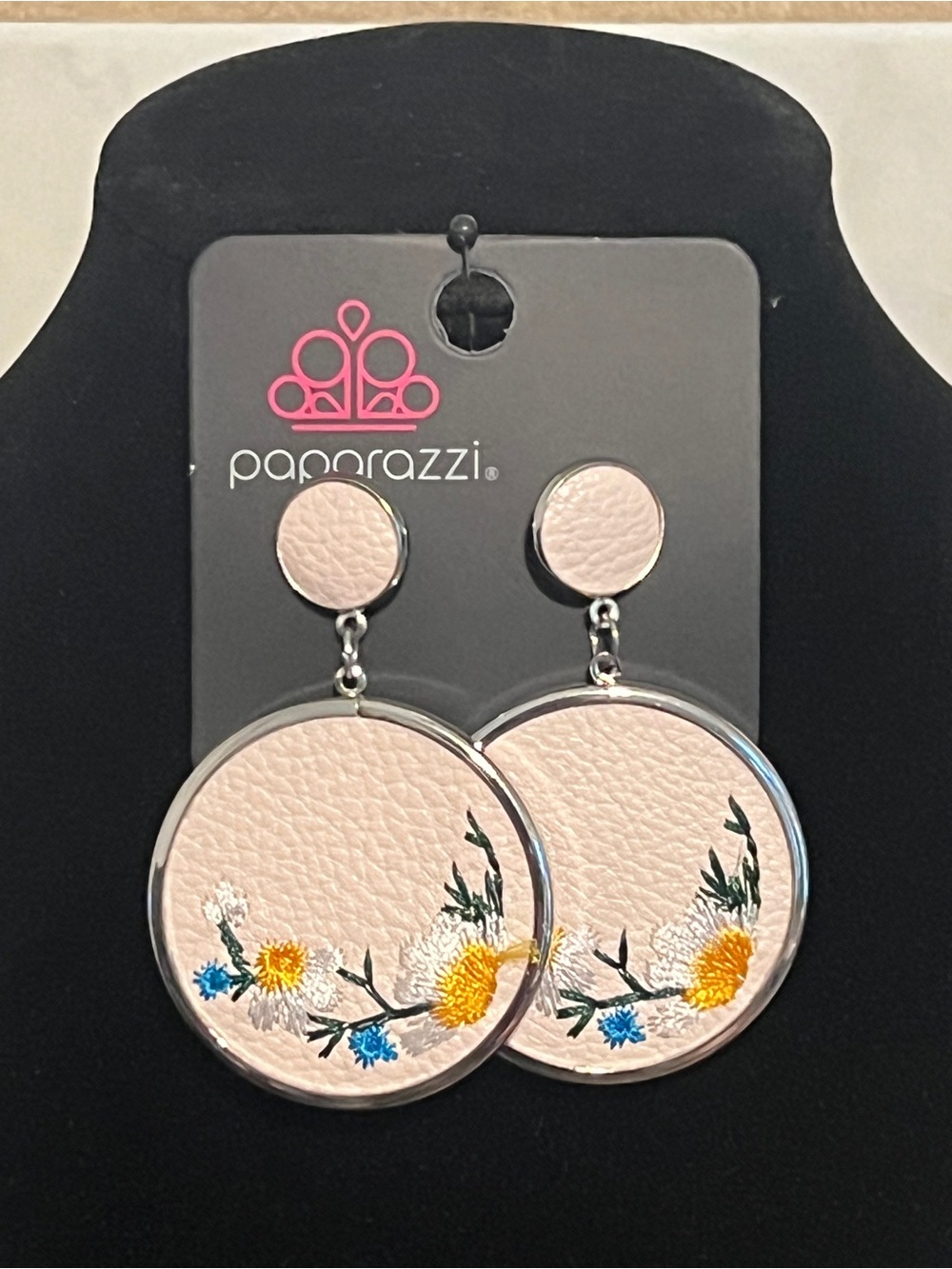 paparazzi Pink Floral Embroidered Hoop Drop Earrings